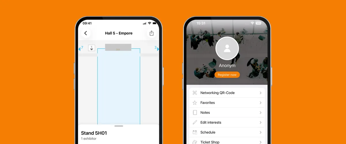 Event Guide app: exhibitor stands on the hall plan and personal attendee profile